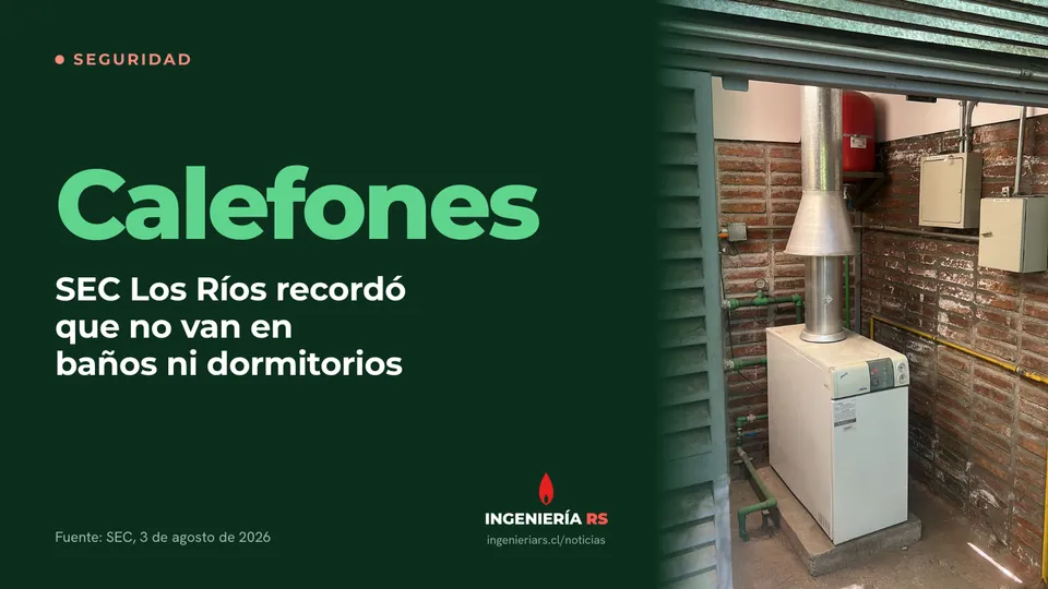 Portada de la nota: Calefones SEC Los Ríos recordó que no van en baños ni dormitorios. Al costado, foto de terreno: una caldera a gas con su conducto de evacuación.